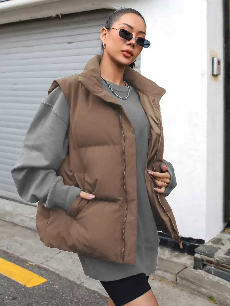 DAZY Zip Up Puffer Vest Thick Pockets Coat, Winter Women Clothes, Padded Coat Women