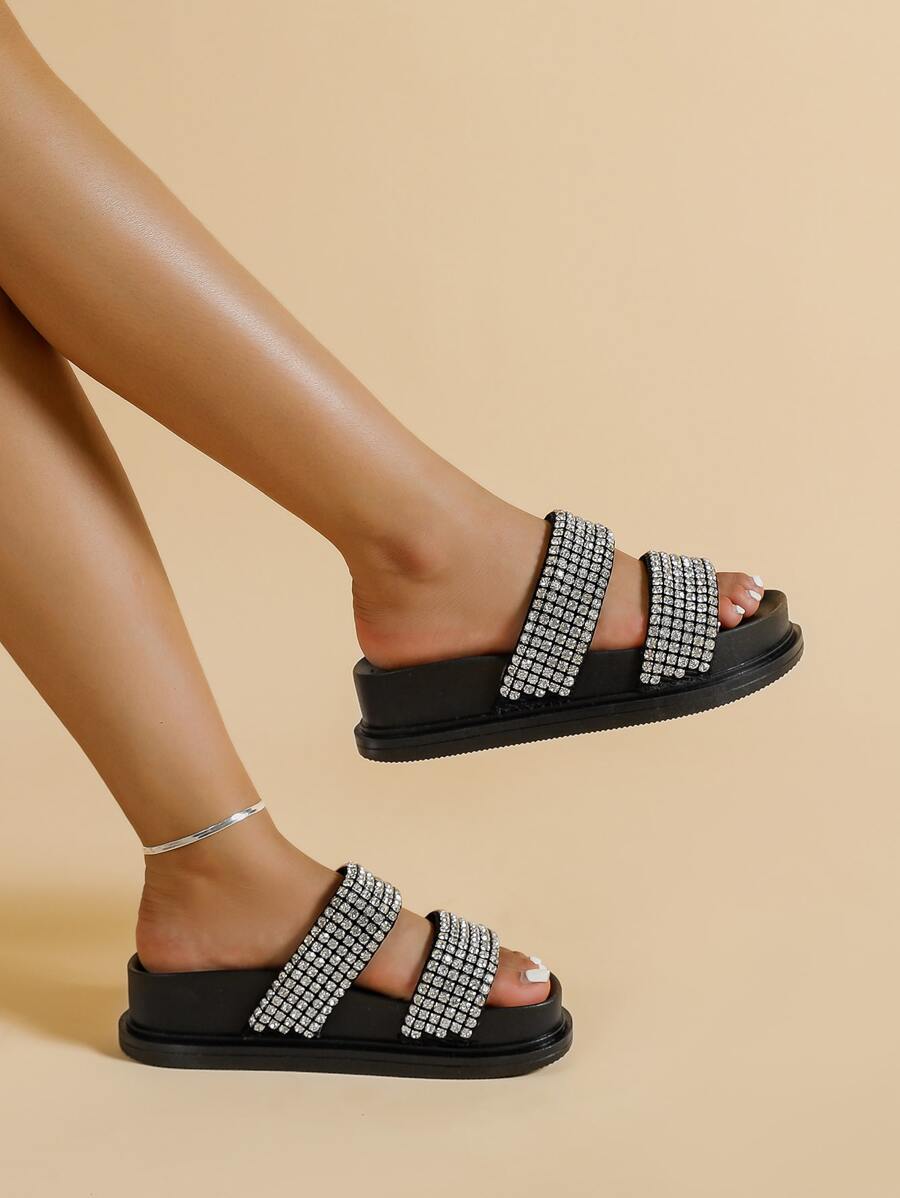 Women's Comfortable Platform Wedge Slip-On Shoes With Embroidery, Rhinestone Decor, Silver Color Suitable For Walking, Fashion High Heels Valentines