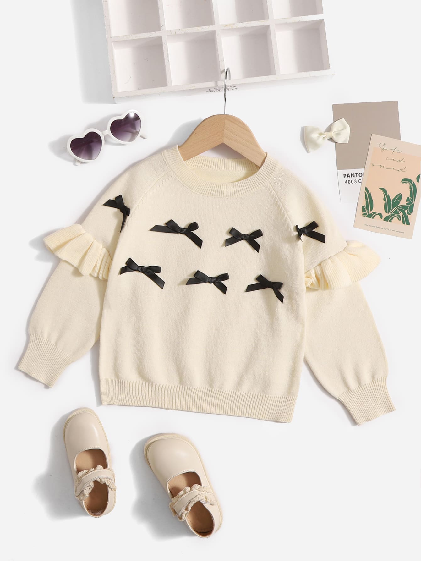 SHEIN Suéter De Manga Raglan Com Frente De Laço E Babado Para Jovem Garota