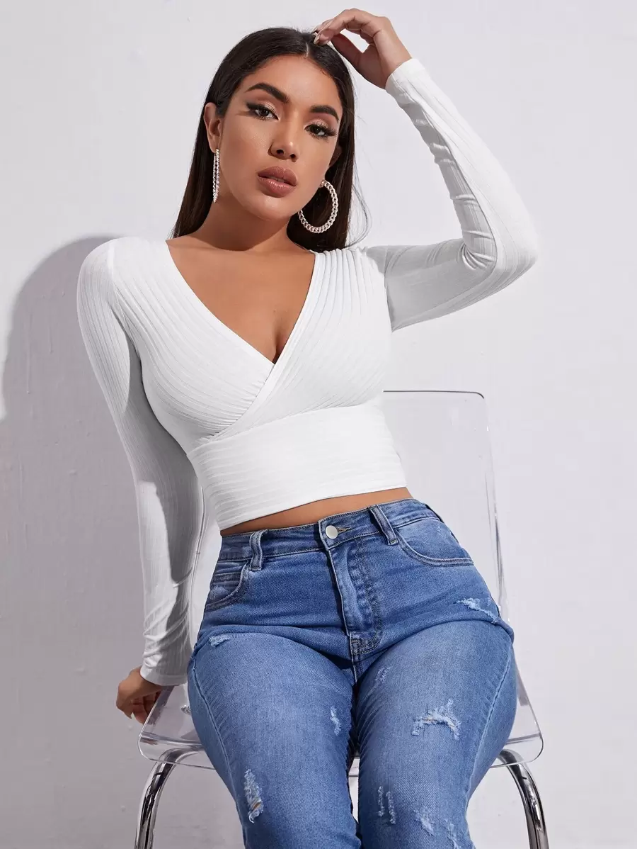 SHEIN EZwear Summer Outfits Surplice Neck Rib-Knit Crop Tee