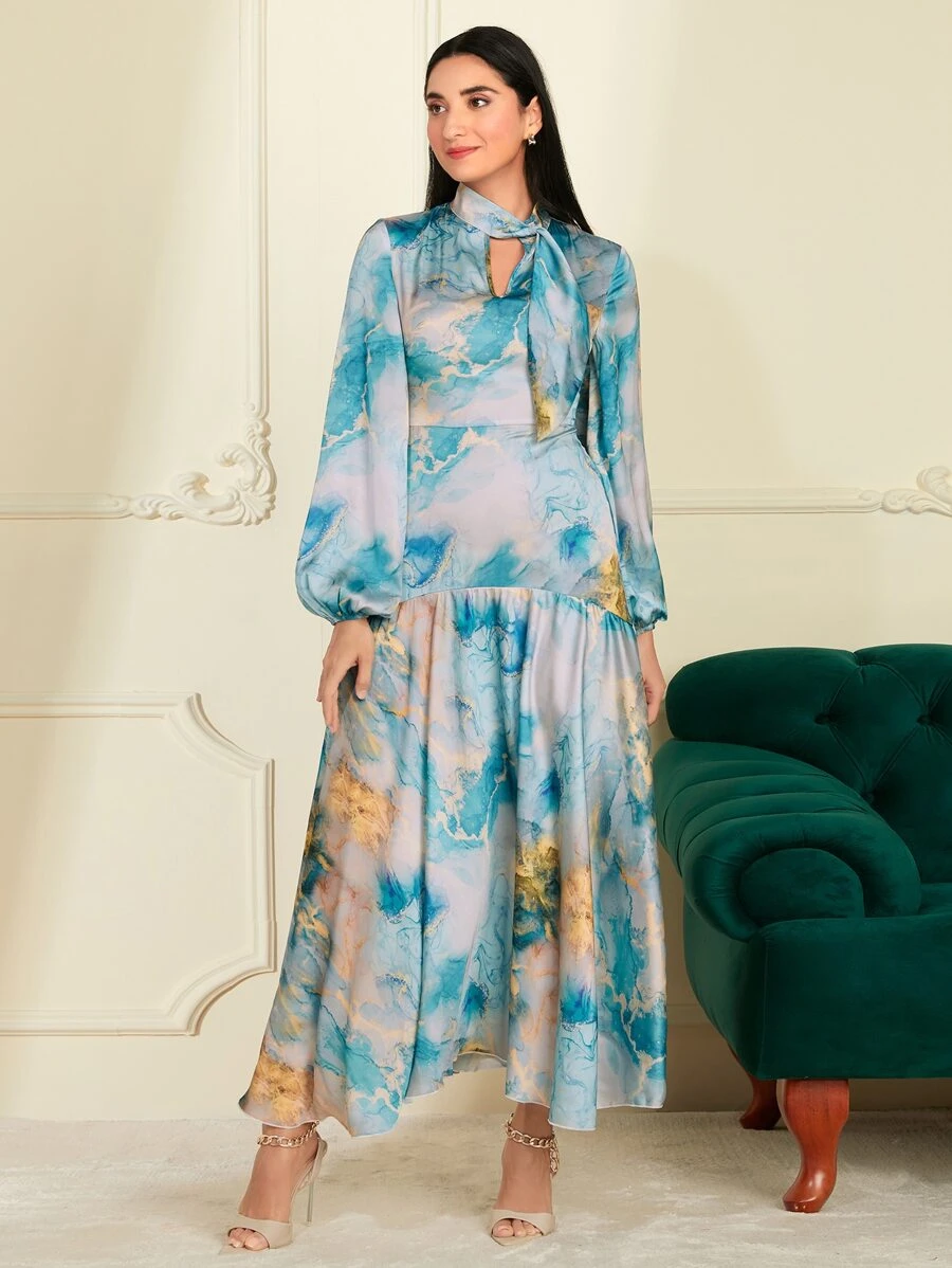 Modelyn Marble Print Tie Neck Lantern Sleeve Ruffle Hem Dress