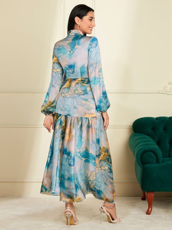 SHEIN Modely Marble Print Tie Neck Lantern Sleeve Ruffle Hem Dress