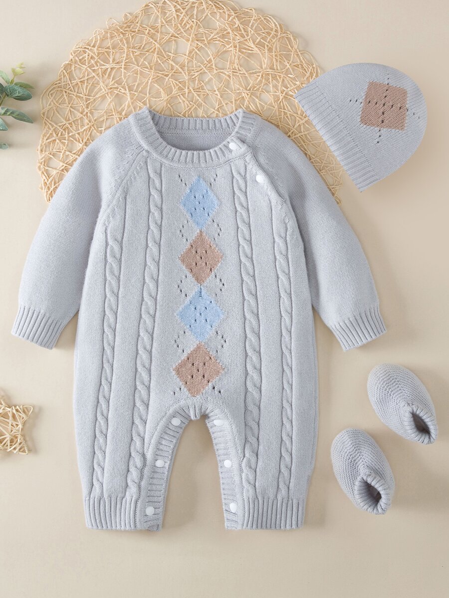 嬰兒菱形印花插肩袖麻花編織連身褲和帽和針織鞋 - 淺灰色 - 查看 1