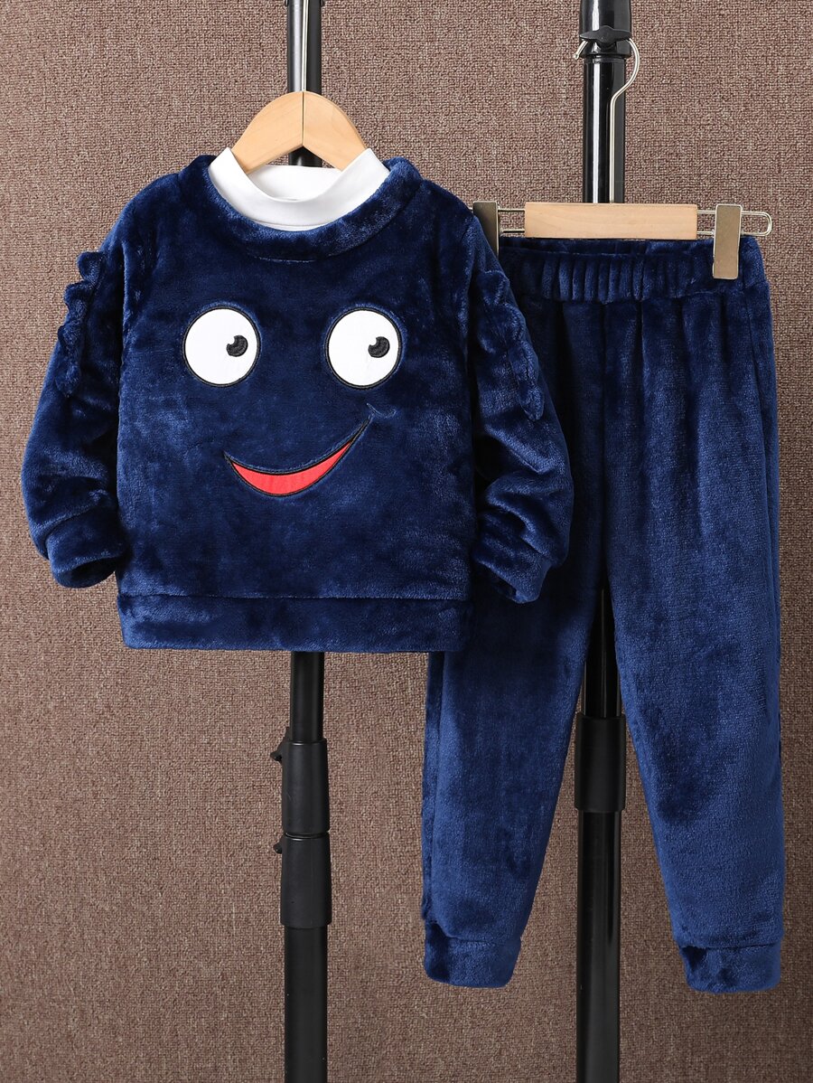 Toddler Boys Cartoon Embroidery Pullover & Joggers - Navy Blue - View 1