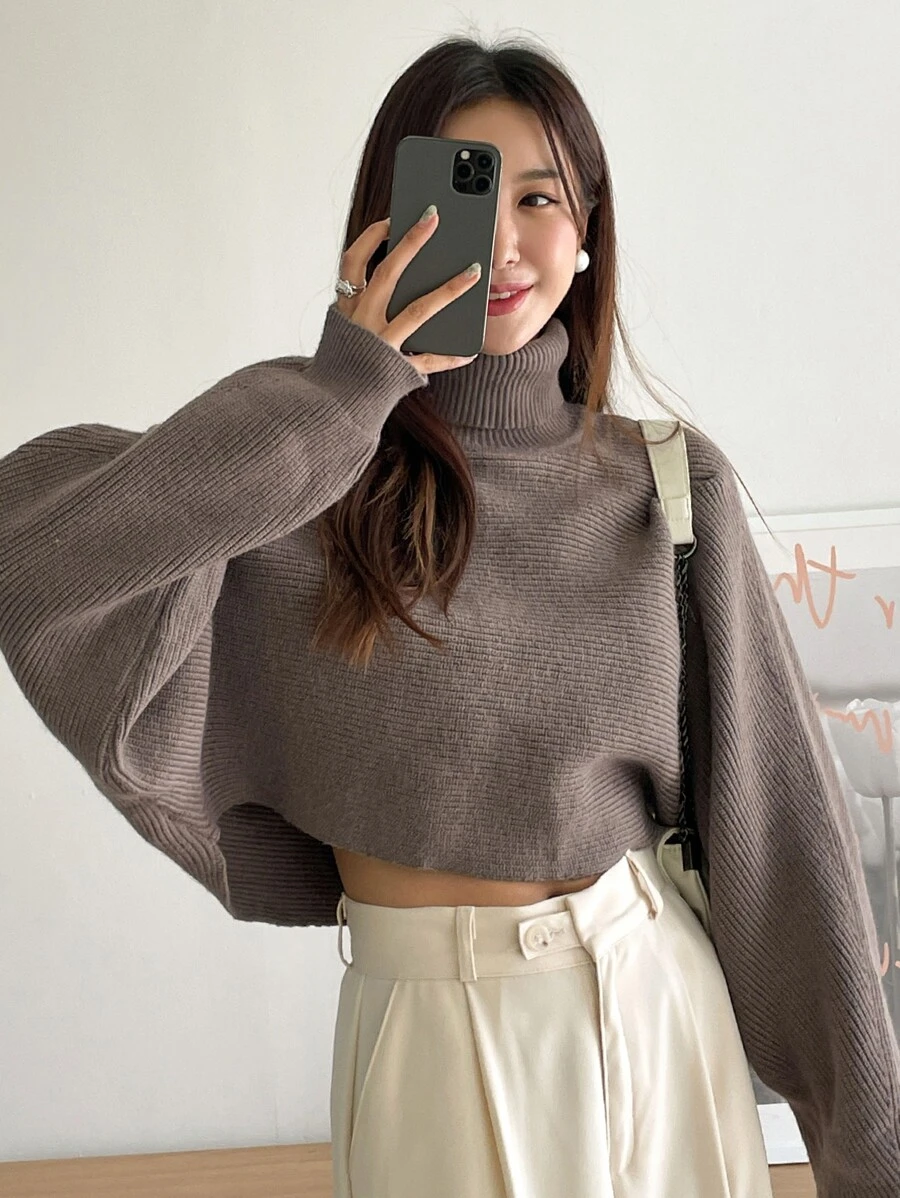 DAZY Jersey de cuello alto con mangas de murciélago, blusas de manga larga