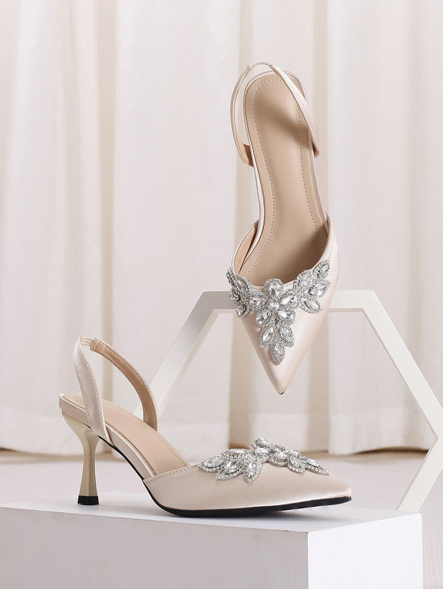 Crystal-Embellished Ankle Strap Thin High-Heeled Sandals, Sexy Pointed Toe Back Strap Open Heel Satin High-Heeled Sandals, Glamorous Party Fashion Women's Shoes Valentines