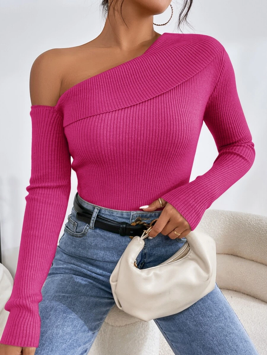 SHEIN Privé Asymmetrical Neck Ribbed Knit Sweater