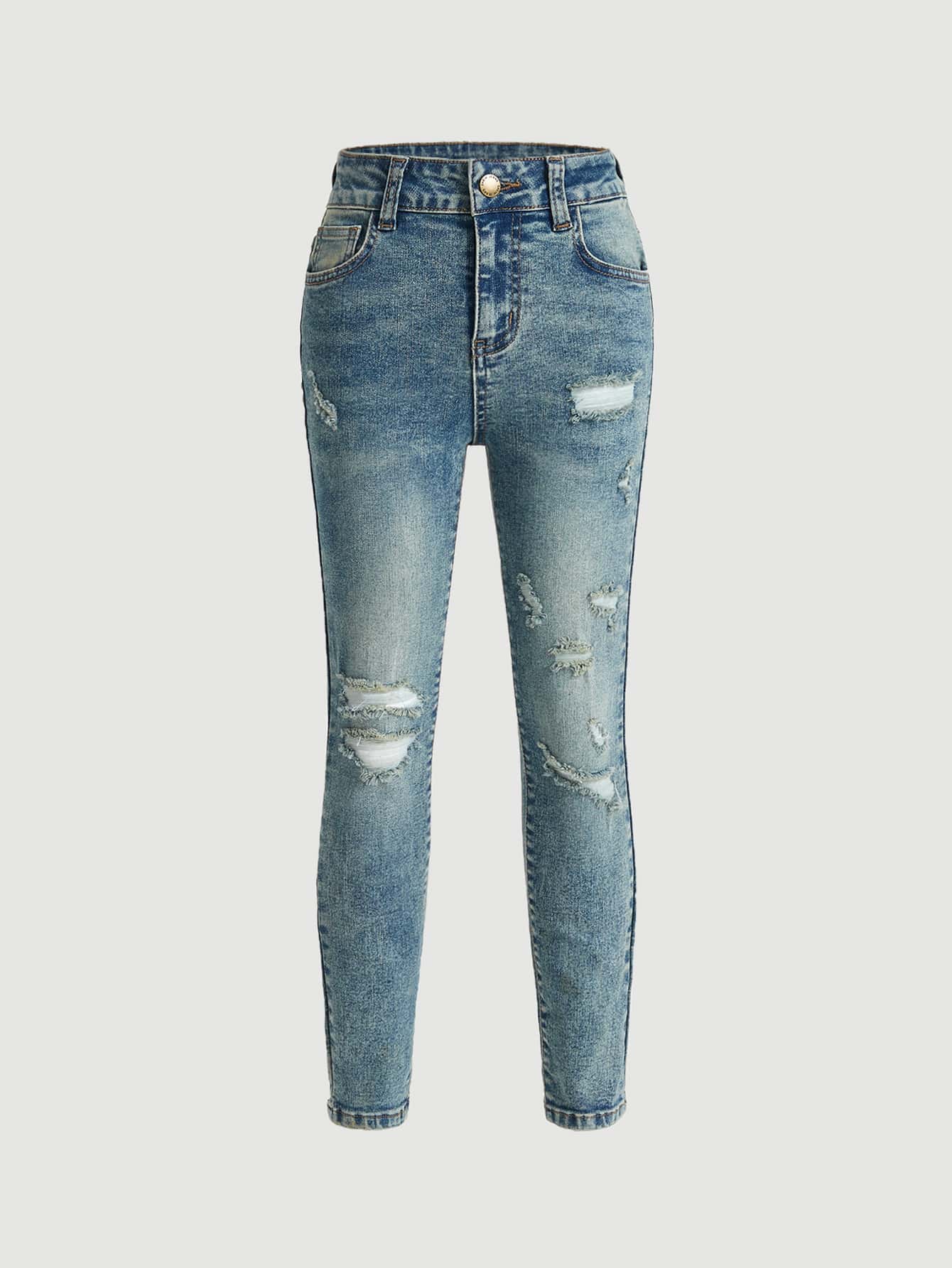 SHEIN Boys Bleach Wash Ripped Frayed Straight Leg Jeans