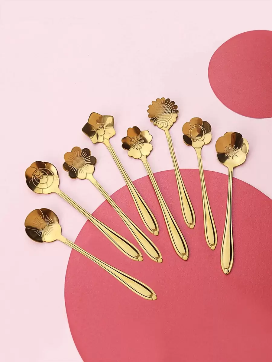 6pcs Random Stainless Steel Flower Spoon, Gold Creative Flower Stirring Spoon For Coffee Dessert,Kitchen,Christmas Gift