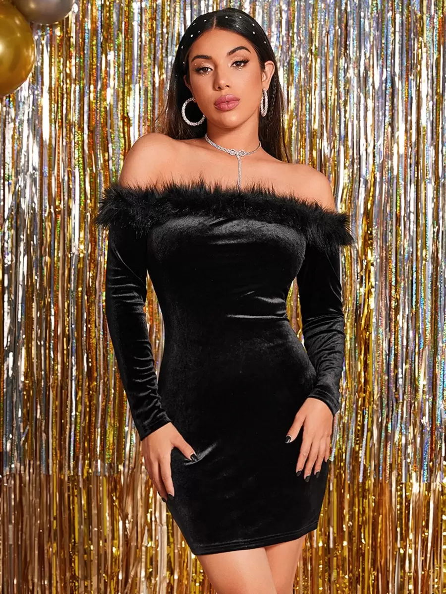 SHEIN BAE Off Shoulder Fuzzy Trim Bodycon Dress