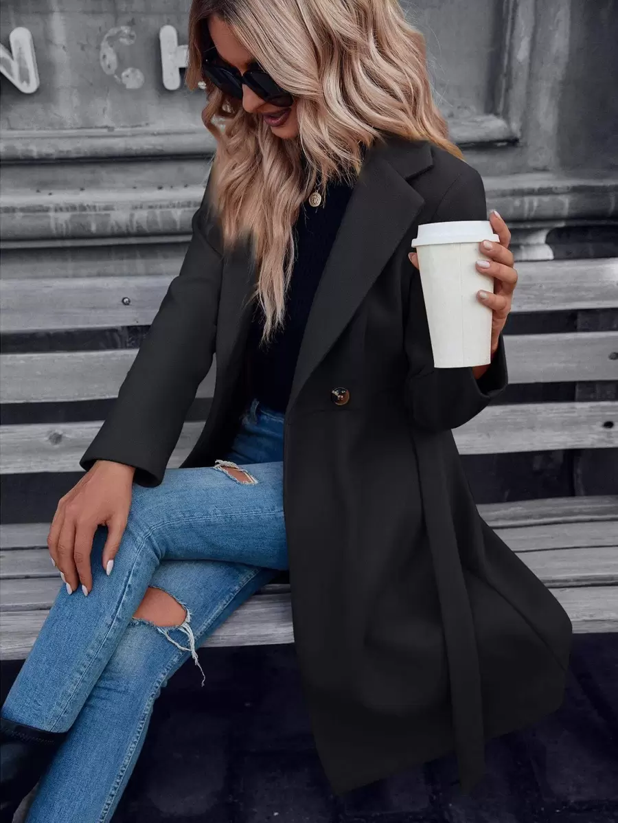 SHEIN Clasi Abrigo con botones de cuello con solapa con cinturón