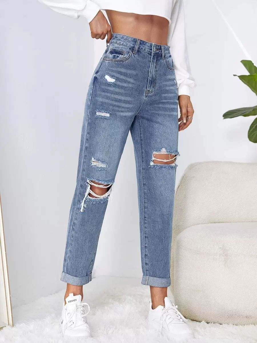 SHEIN EZwear Mom Fit Jeans mit Riss, hoher Taille