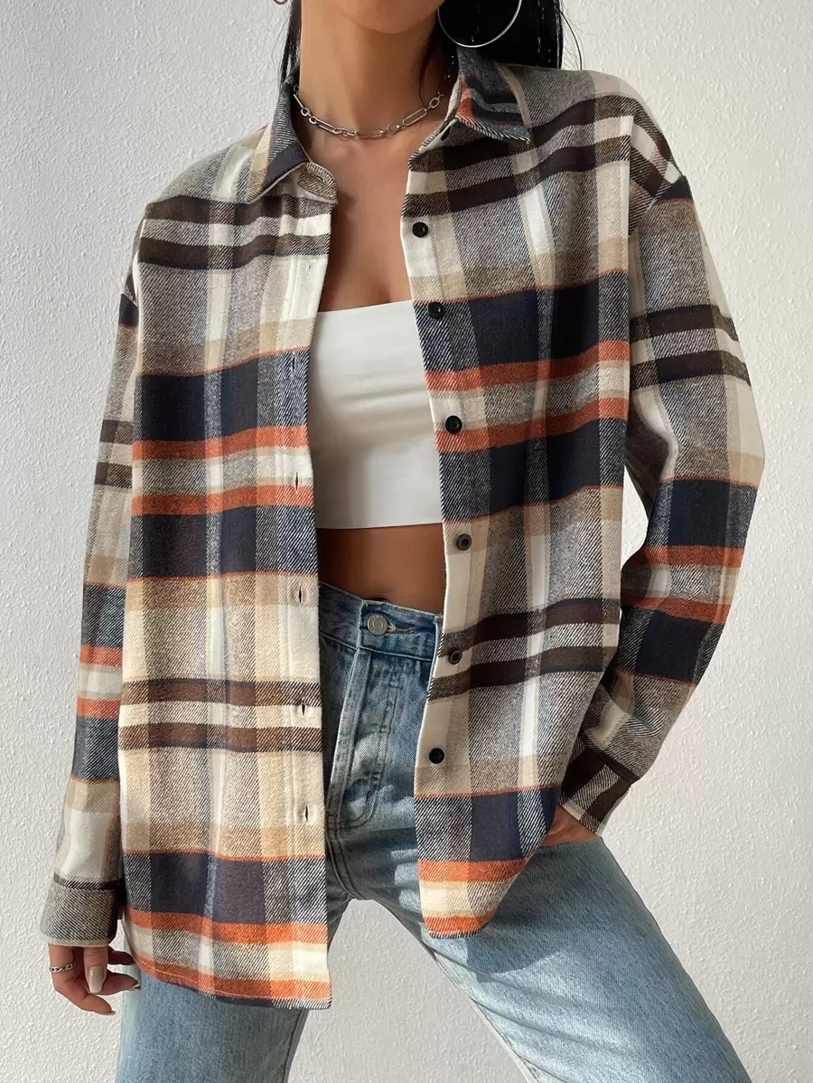 SHEIN EZwear Plaid Print Drop Shoulder Shirt,Long Sleeve Tops
