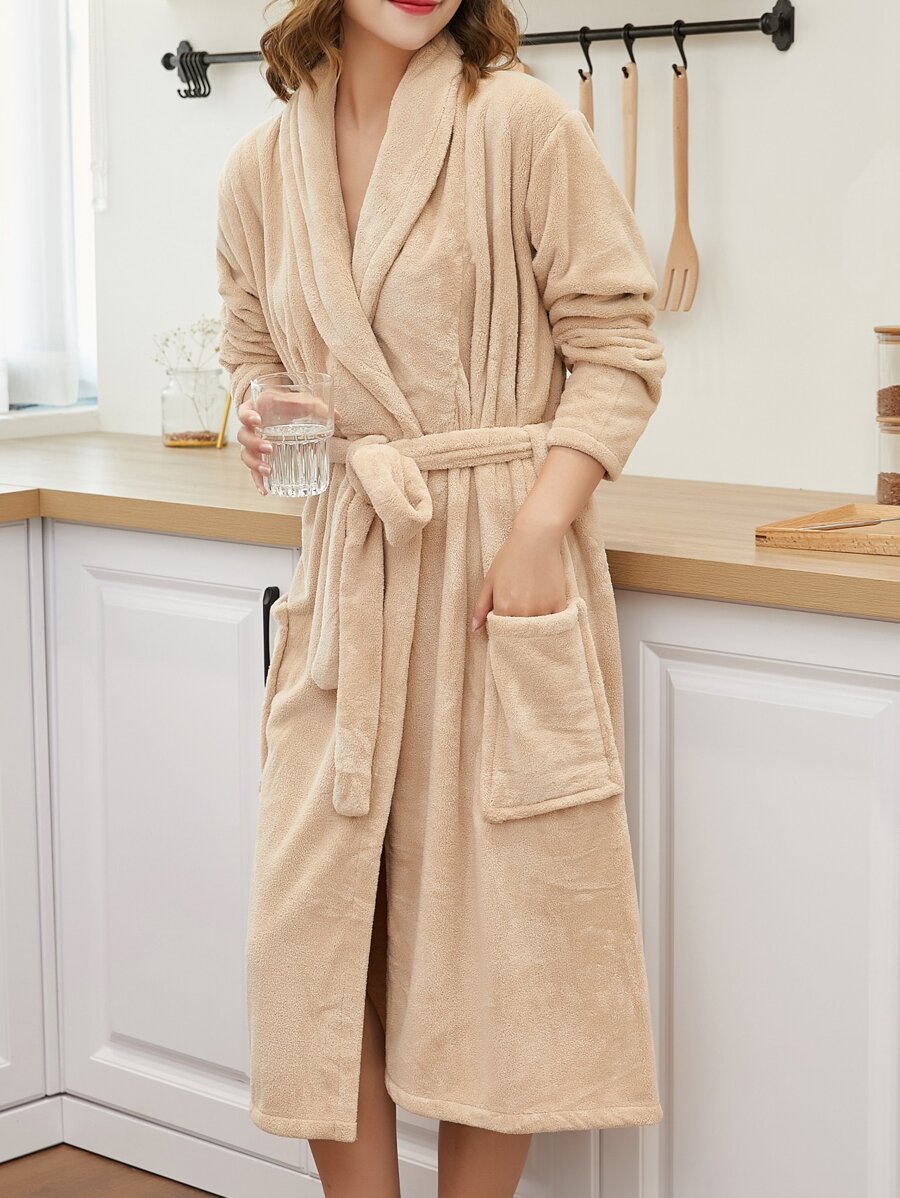 1pc Bathrobe With Sleeves, Lapel Collar Long Robe, Solid Color, Coral Fleece, Soft, Absorbent, For Home, Hotel, Pool, Spa, Personal Use Or Gift