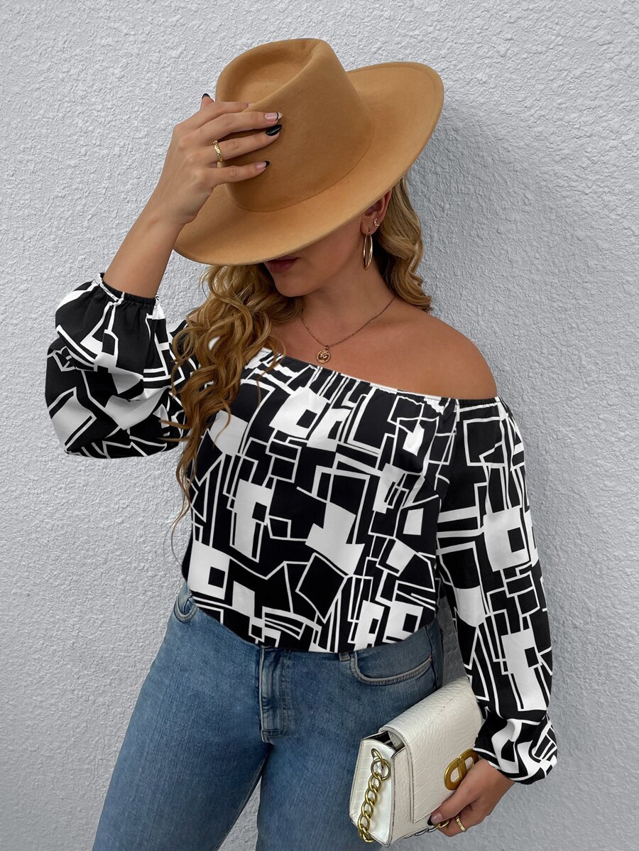 SHEIN Clasi Plus Geo Print Off Shoulder Blouse