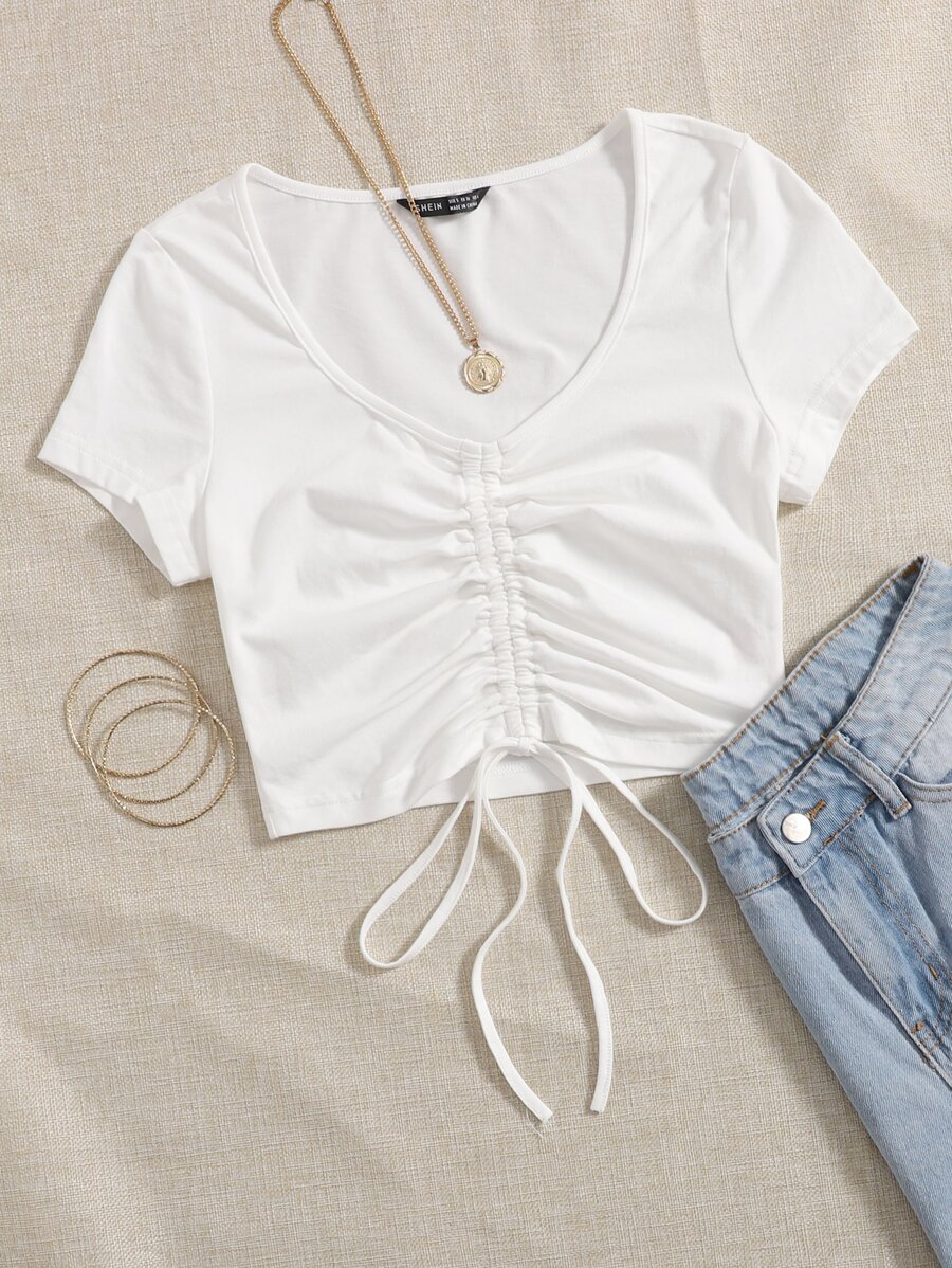 SHEIN EZwear Solid Drawstring Ruched Tee