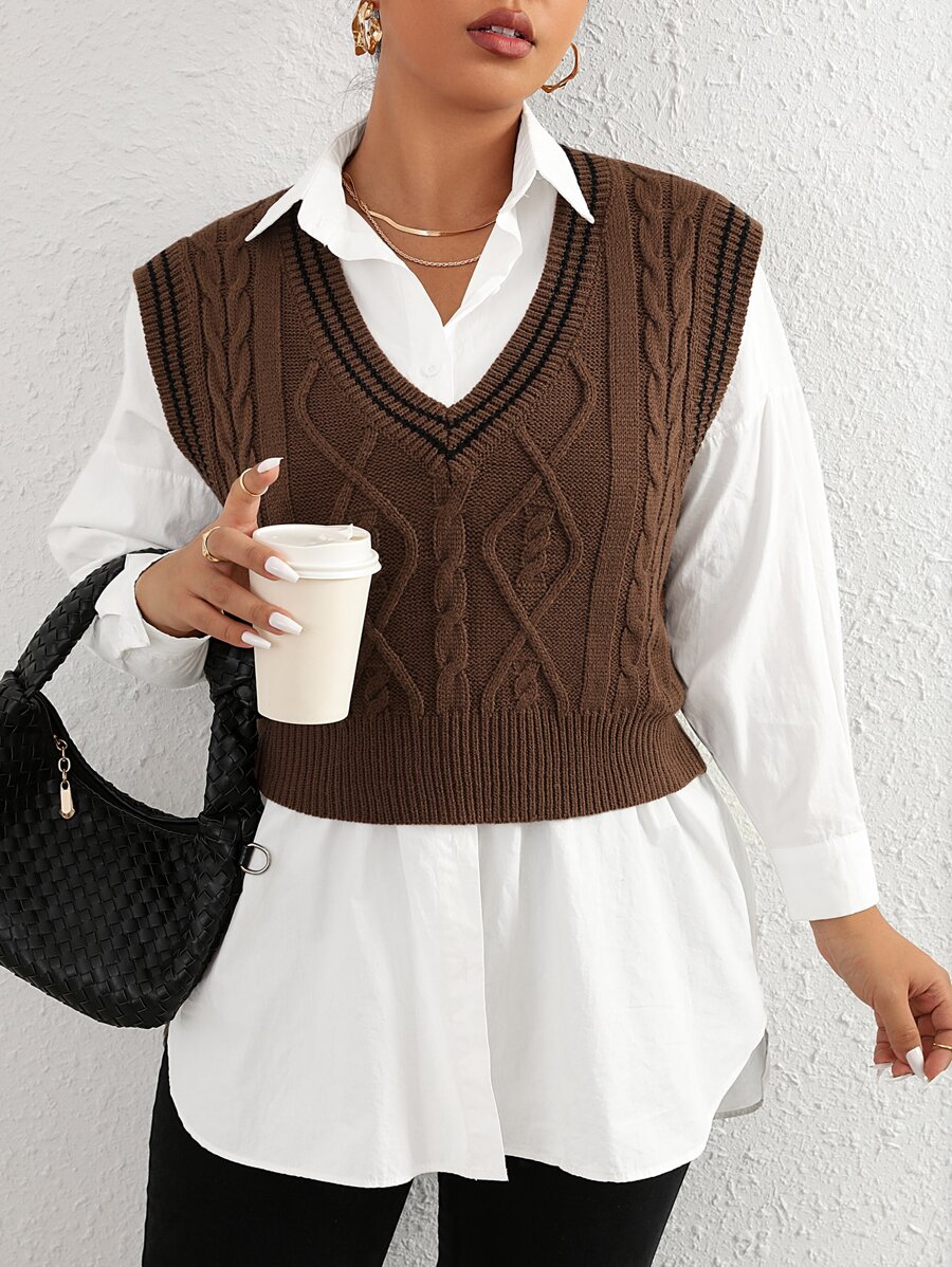 Calvaya Plus Striped Trim Cable Knit Sweater Vest Without Blouse