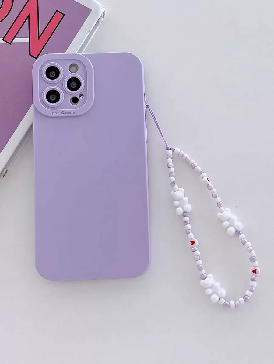 Plain Phone Case With Bear Decor Lanyard
