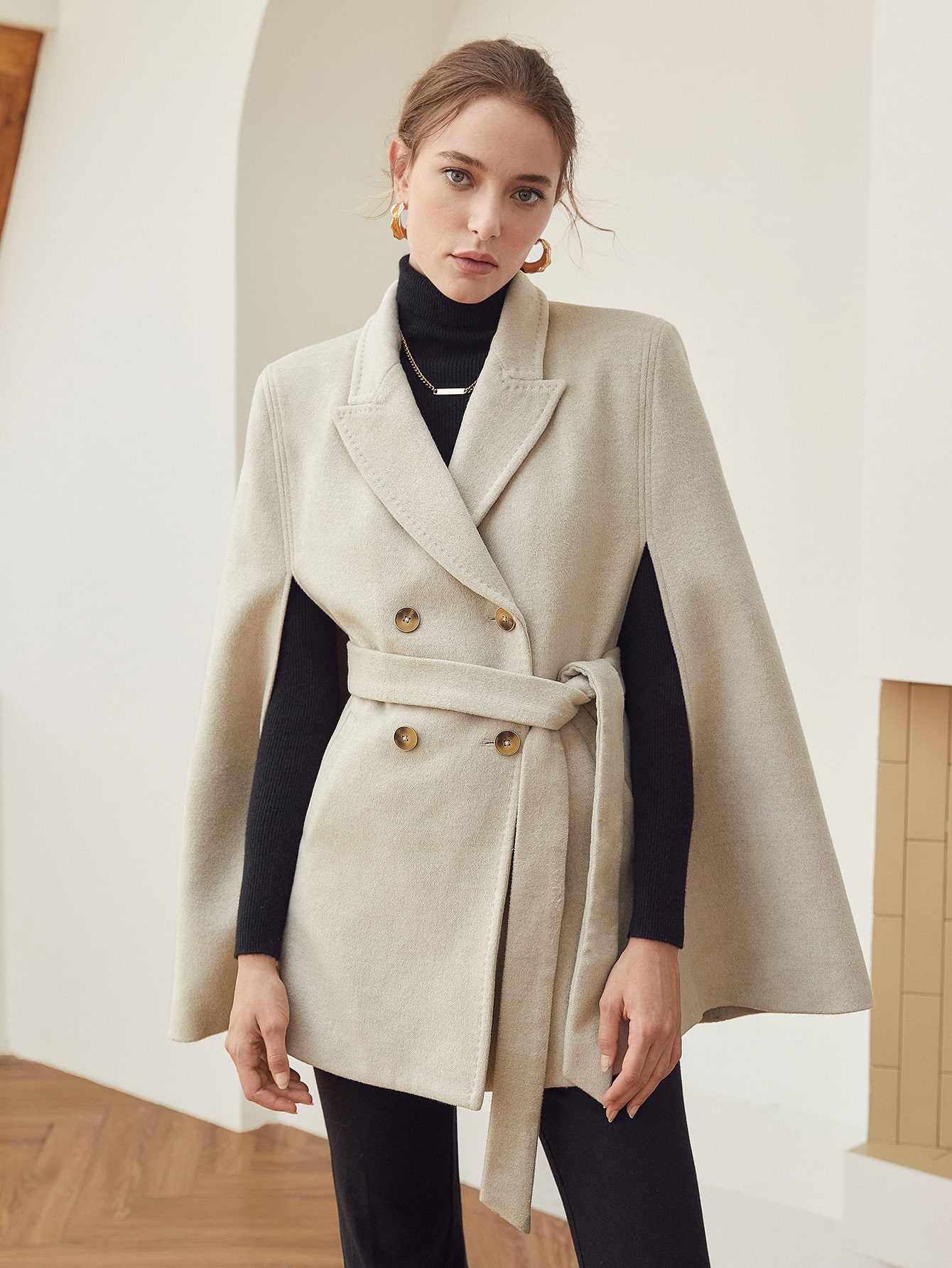 WOOL-MIX BELTED CAPE OVERCOAT｜Motf