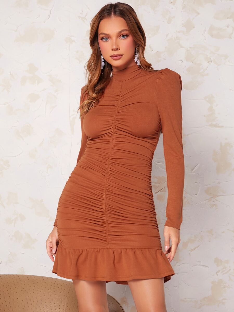 Elegant Eenkleurig Jurk Zonder rug Ruches Geribd