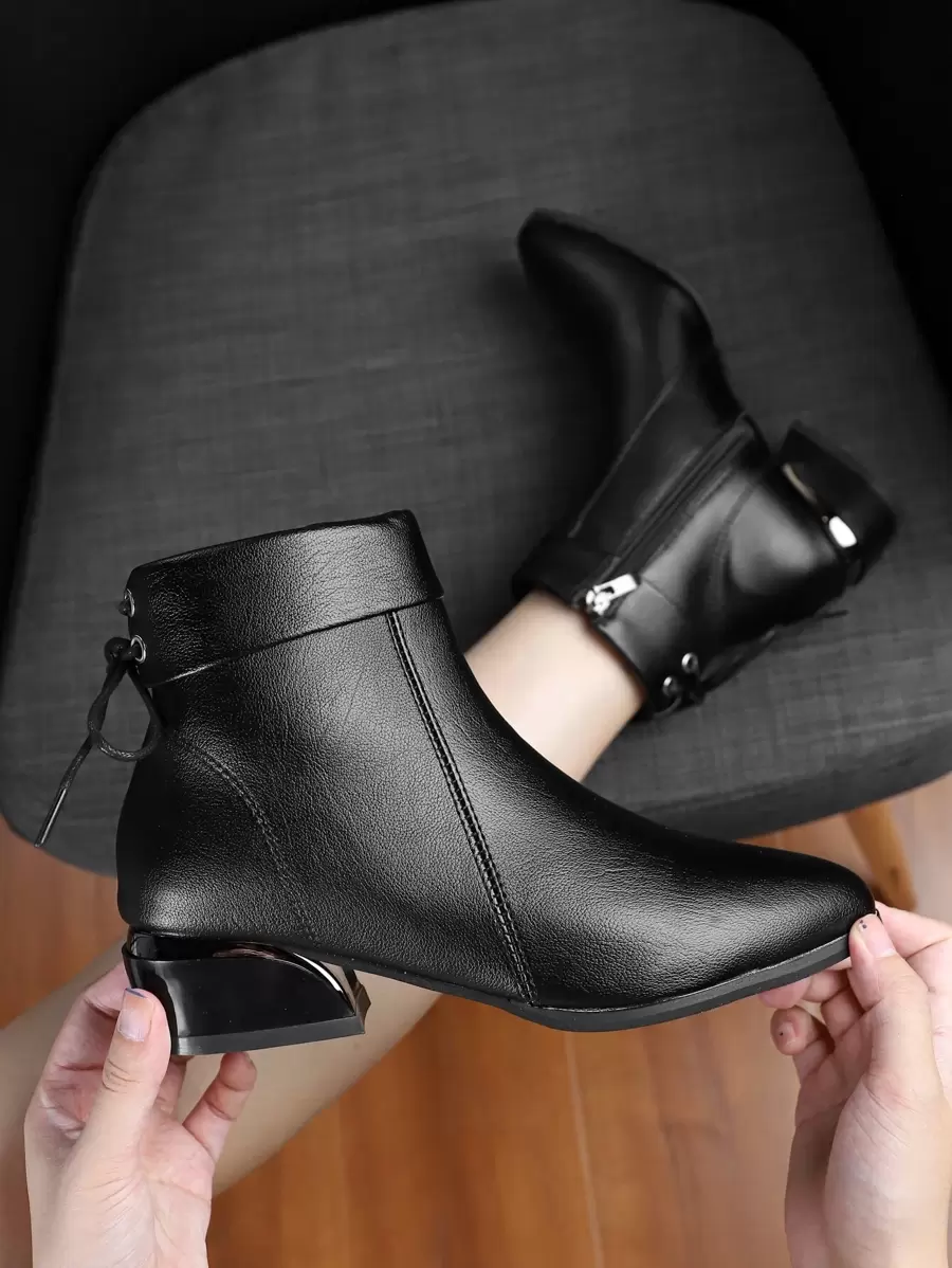 Women's Elegant Solid Color Classic Boots With Lace-up And Side Zipper Design, Black