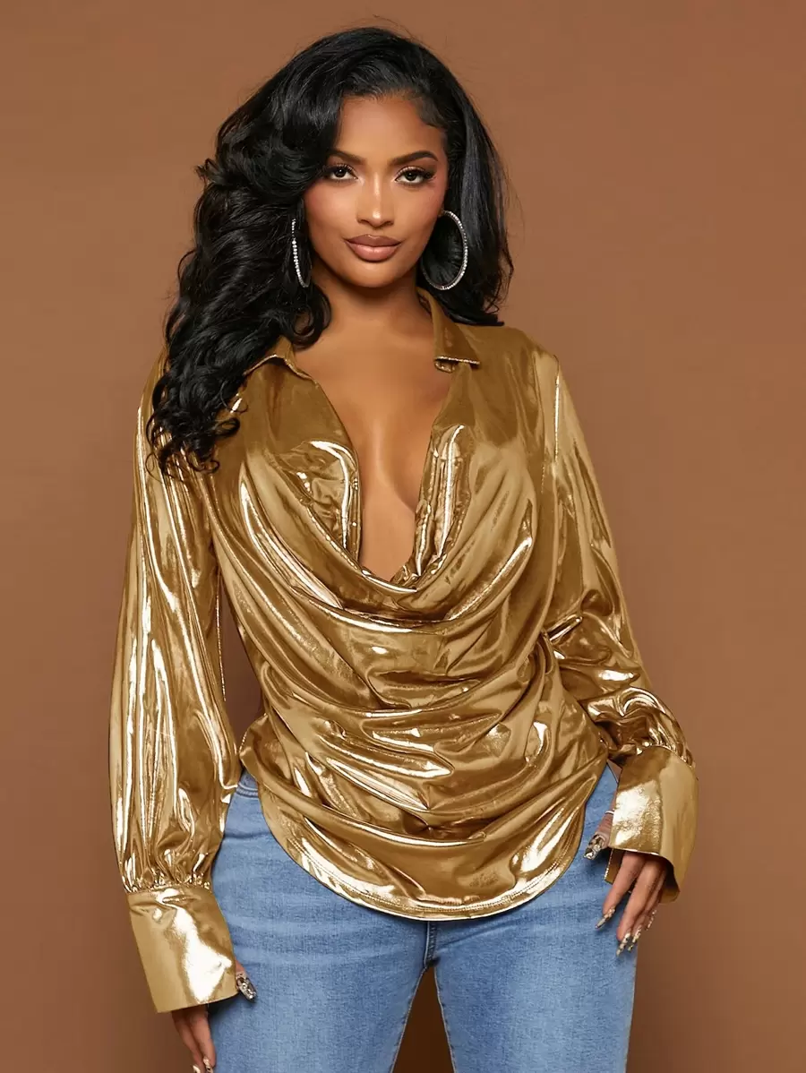 SHEIN SXY Draped Collar Metallic Blouse