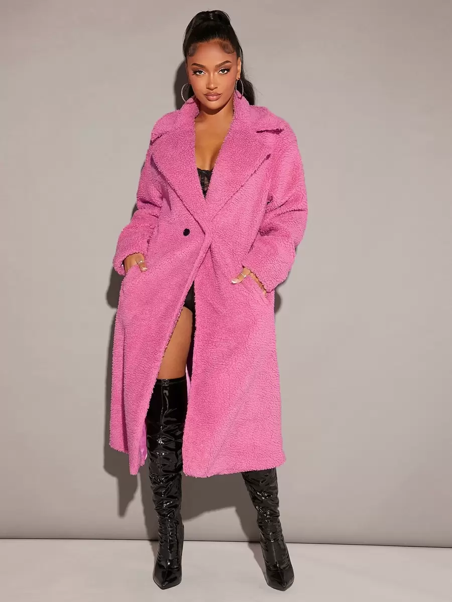 SHEIN SXY Lapel Neck Double Button Teddy Coat
