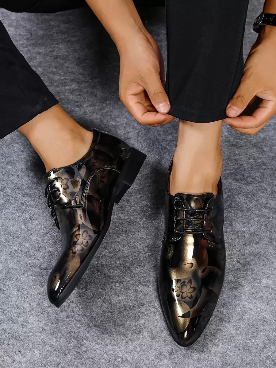 Men Printed Pointed Toe Low-Cut Lace-Up Formal Leather Shoes, British Style, Suitable For Middle-Aged Banquet, Spring And Autumn, PU Leather Hairdresser Shoes.