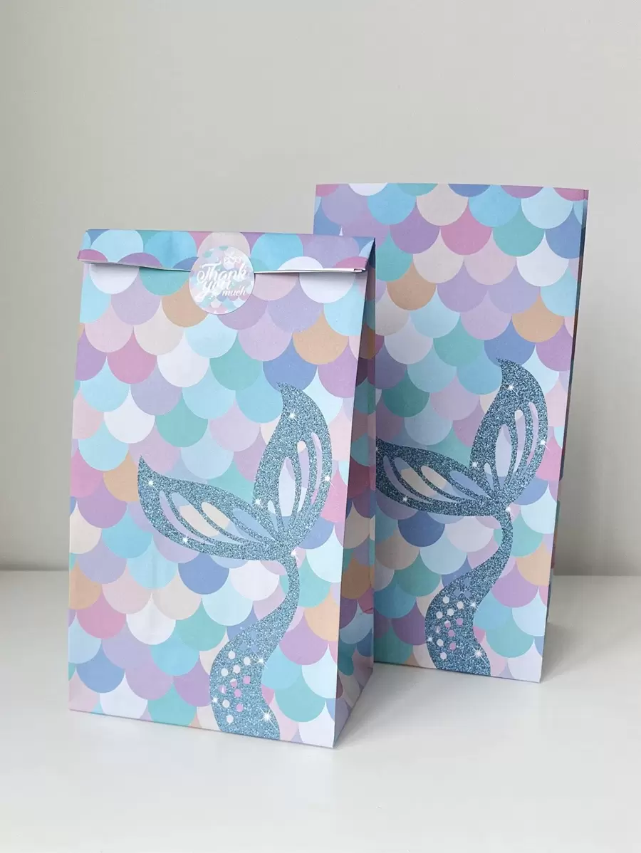 Set de 6 bolsas con 6 pegatinas, tamaño 5.1*3.14*9.43in, bolsa de regalo con diseño de cola de sirena, bolsa de embalaje con estampado de cola de pez para envolver, almacenar y de regalo para fiestas y el Día de San Valentín