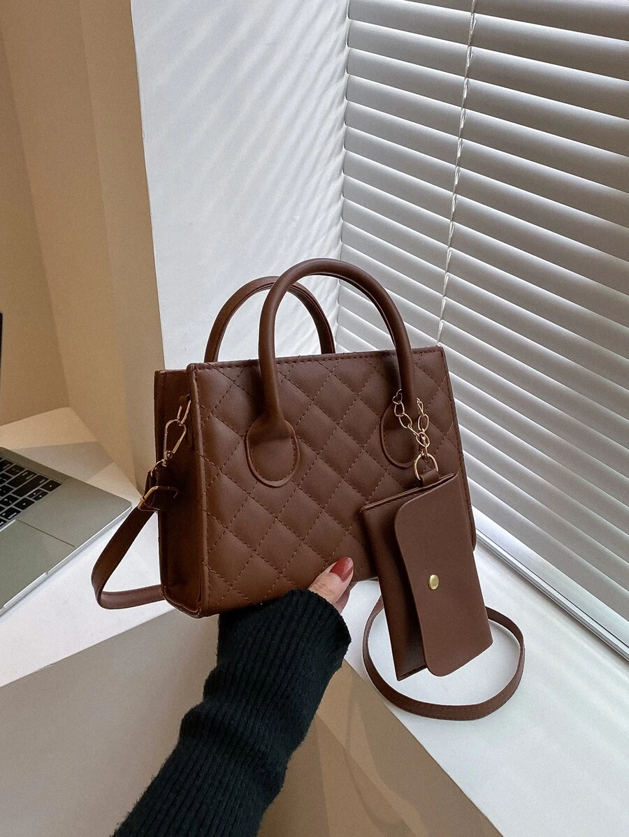 Bolso De Cuadros Acolchado Cuadrado Casual Para Negocios Con Monedero Para Niñas Adolescentes, Mujeres Estudiantes Universitarias, Novatas Y Trabajadoras De Cuello Blanco, Perfecto Para Oficina, Universidad, Trabajo, Negocios, Desplazamiento, Exteriores, Viajes Y Salidas Con Monedero