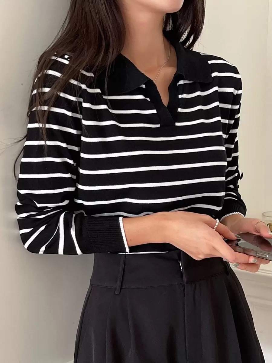 DAZY Suéter con cuello de patrón de rayas, tops de manga larga