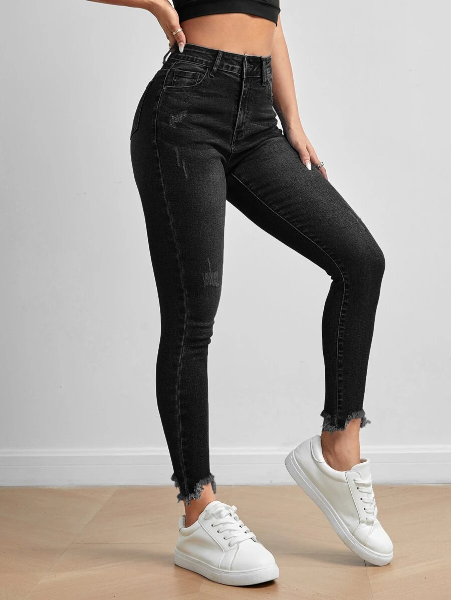 SHEIN PETITE Schmale Jeans mit Katzenkratzer unbearbeitetem Saum