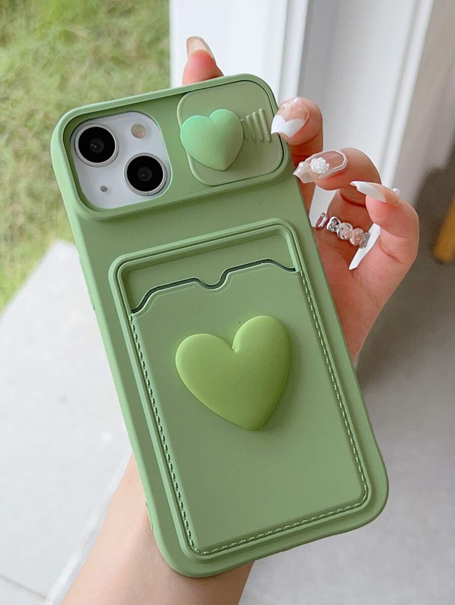 Valentines Green Pull-And-Slide Transparent Double Heart-Shaped Pendant Picture Frame Card Holder Phone Case Compatible With Iphone
