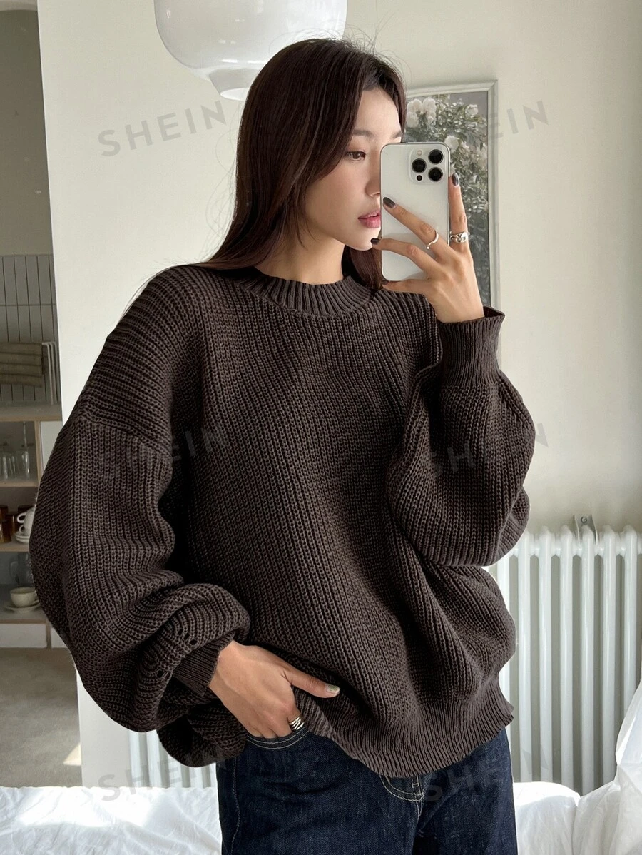 DAZY Suéter de punto acanalado con detalle de ojal y hombros caídos, blusas de manga larga, ropa de otoño