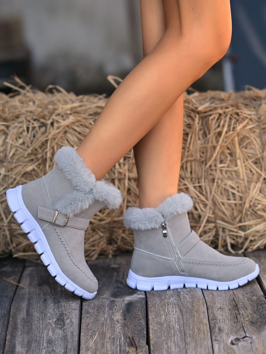 Schneestiefel mit Schnallendekor für Damen aus Kunstwildleder mit Teddyfutter, minimalistische Outdoor-Sport-Warm-Schneestiefel