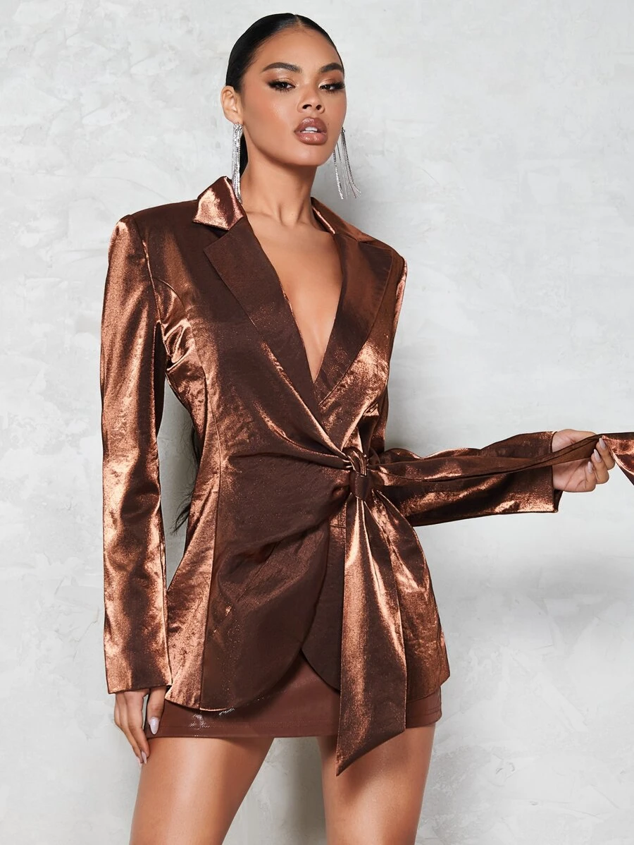 SHEIN BAE Lapel Collar Tie Front Metallic Blazer