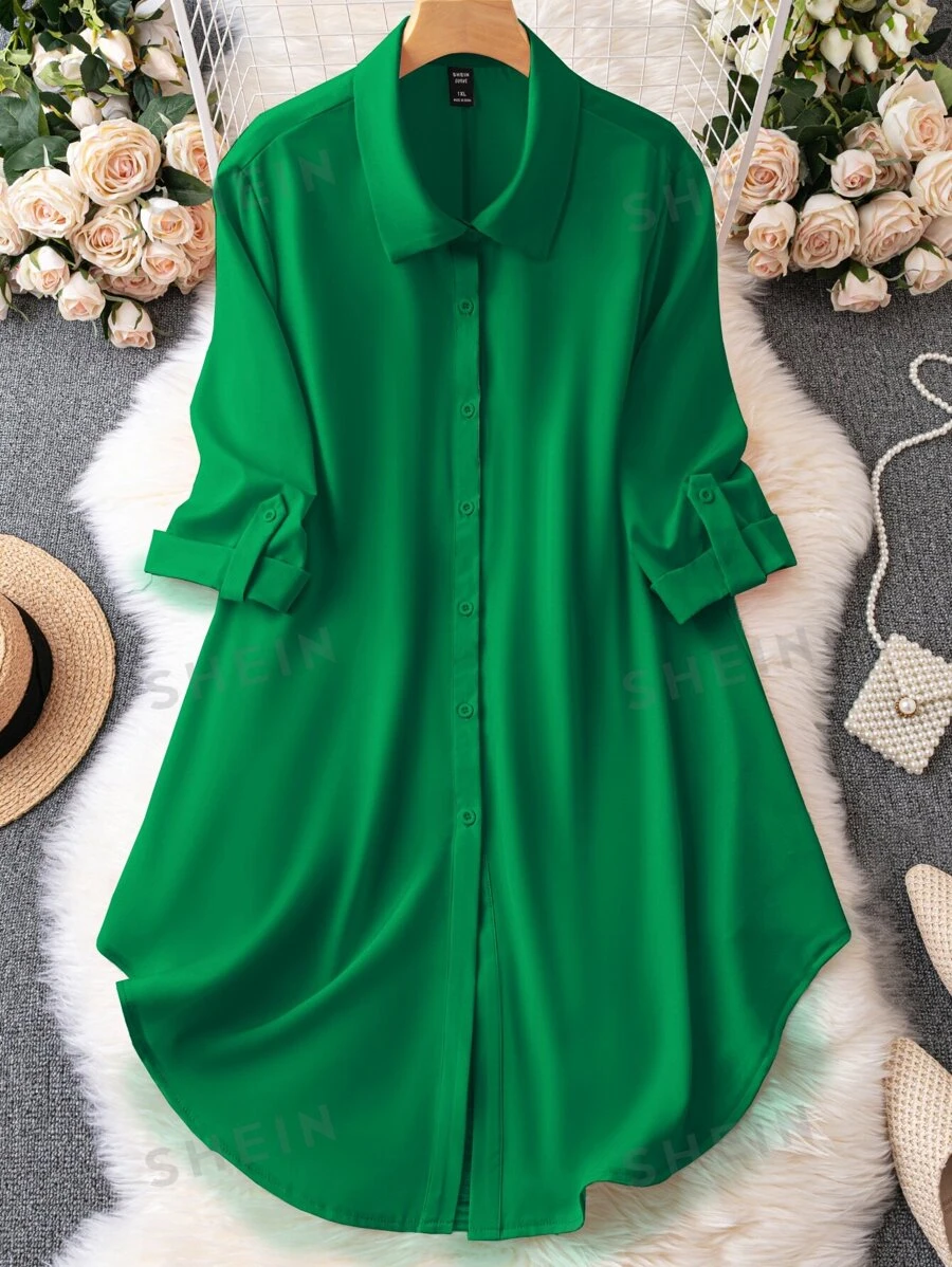 Vestido camisa con manga enrollada para mujer de talla grande