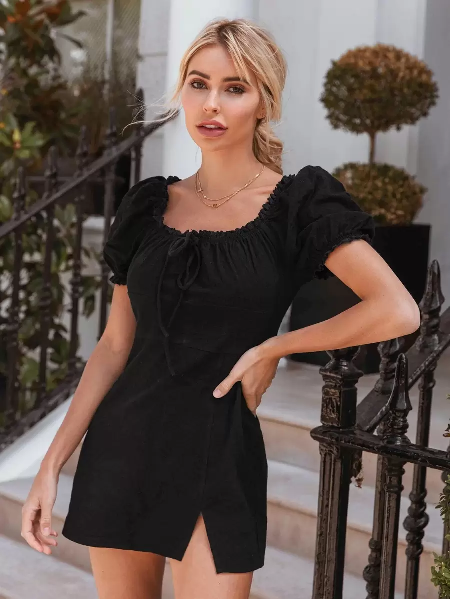SHEIN Frenchy Puff Sleeve Knot Front Eyelet Embroidered Frill Trim Split Hem Dress
