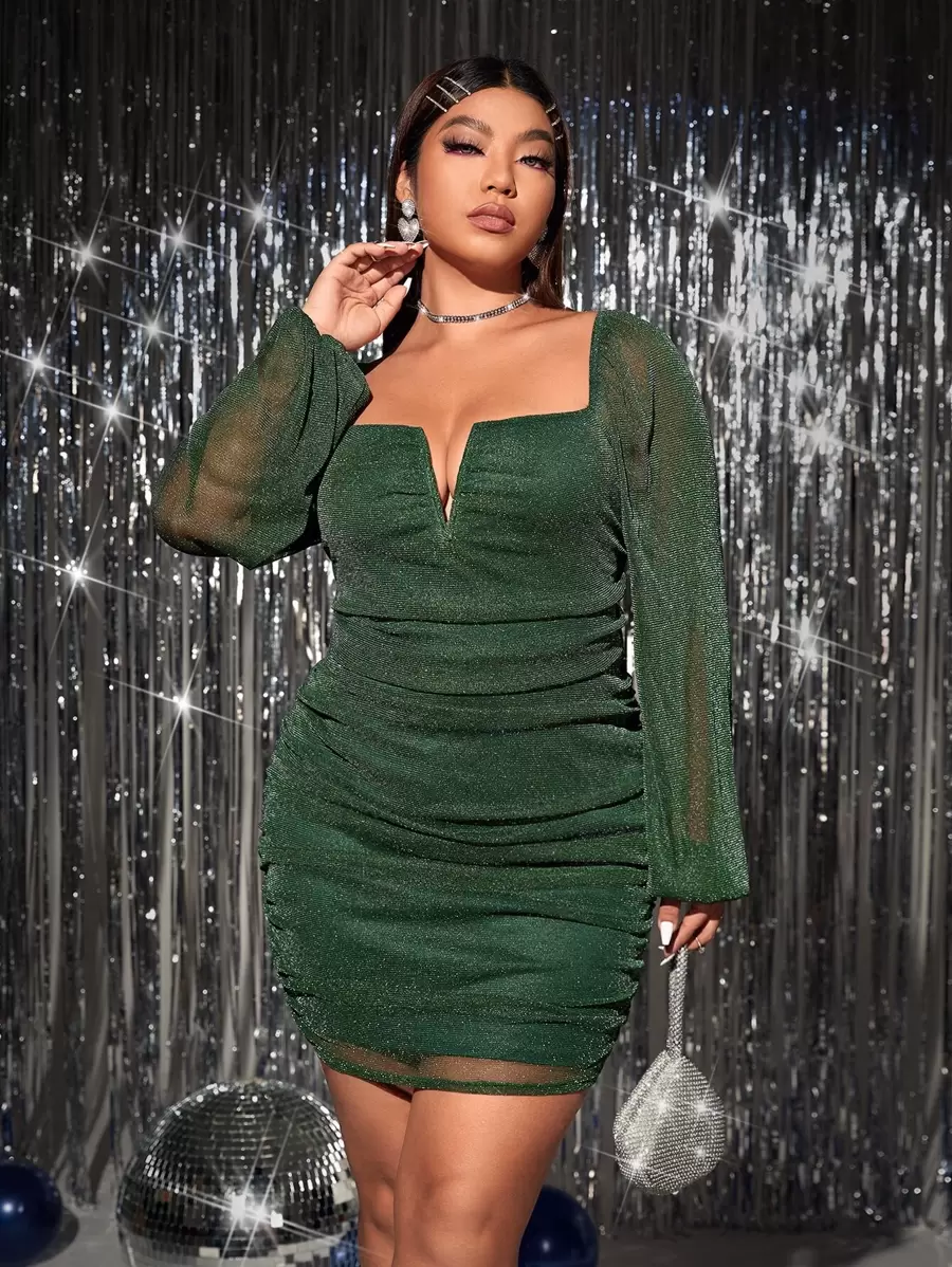 SHEIN SXY Plus Notched Neckline Lantern Sleeve Ruched Glitter Bodycon Dress