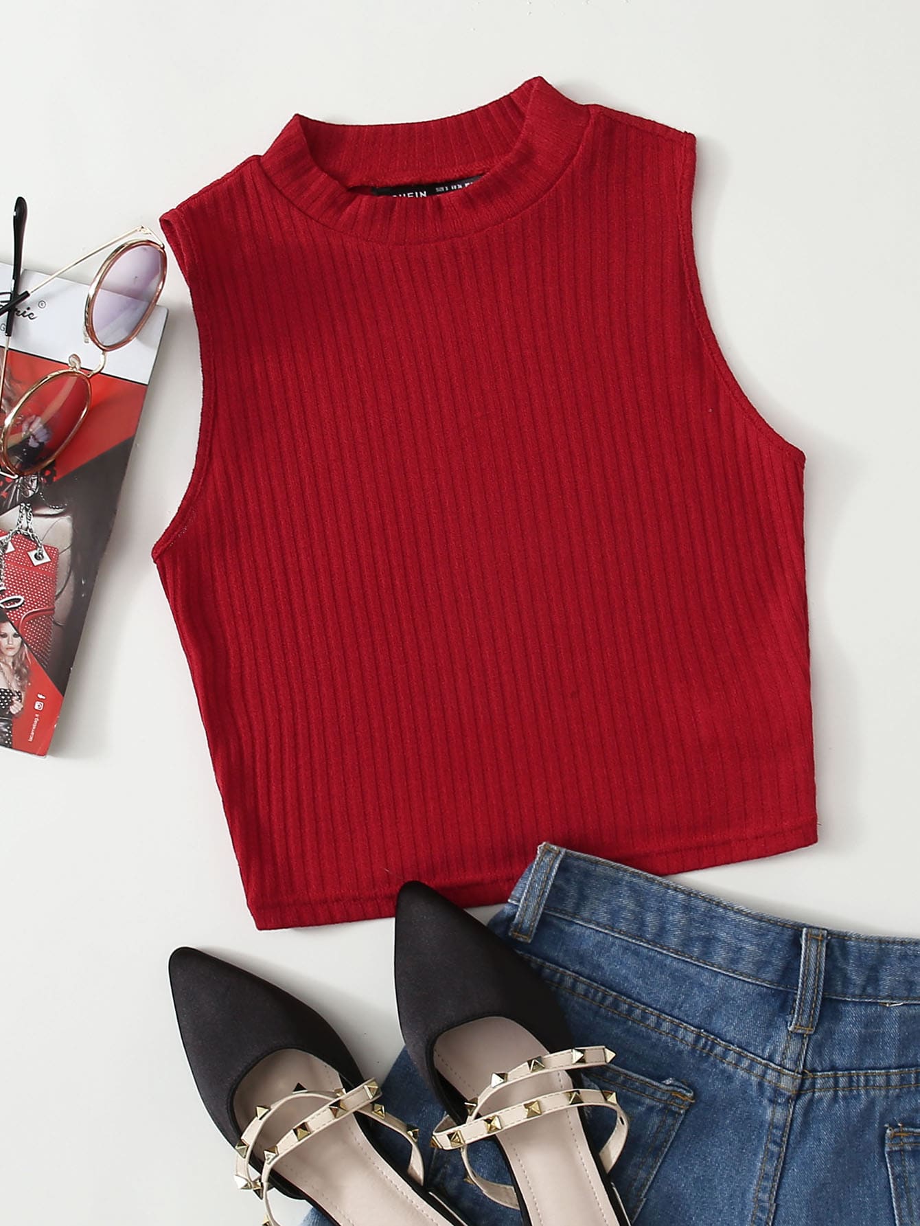 SHEIN EZwear Solid Crop Rib-knit Tank Top