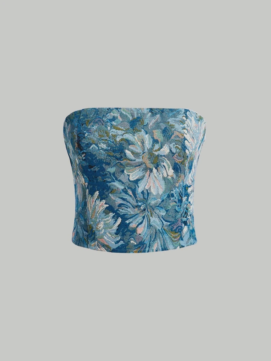 SHEIN MOD Top bandeau con estampado floral con cremallera trasera