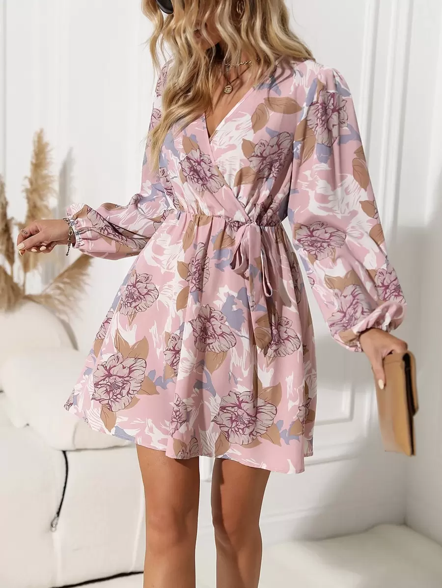 SHEIN Clasi Floral Print Lantern Sleeve Belted Dress