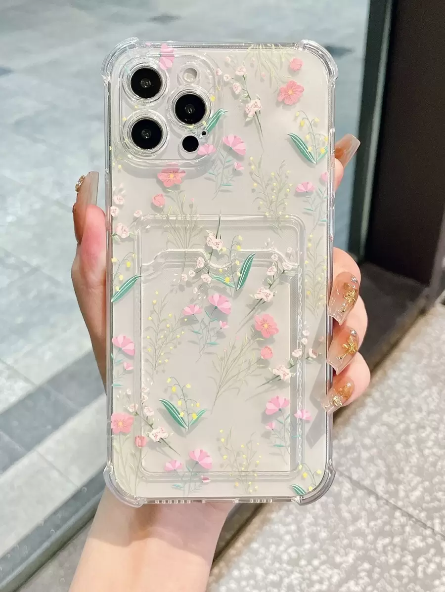 Funda de celular transparente con estampado de flor con con ranura de tarjeta