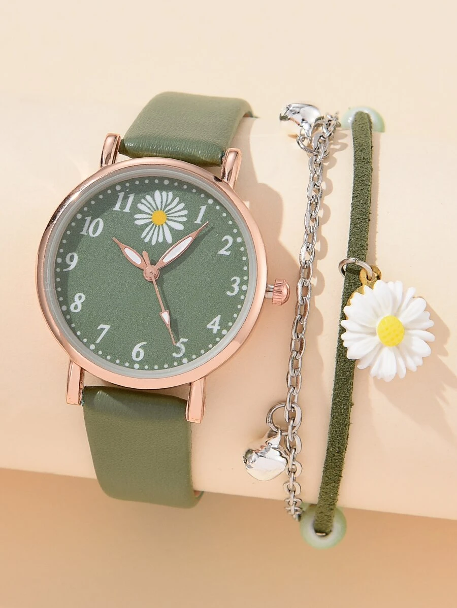 1pc Women Watch PU Leather Strap Small Daisy Dial Round Pointer Quartz Watch And 1pc Small Daisy Bracelet Watch Set