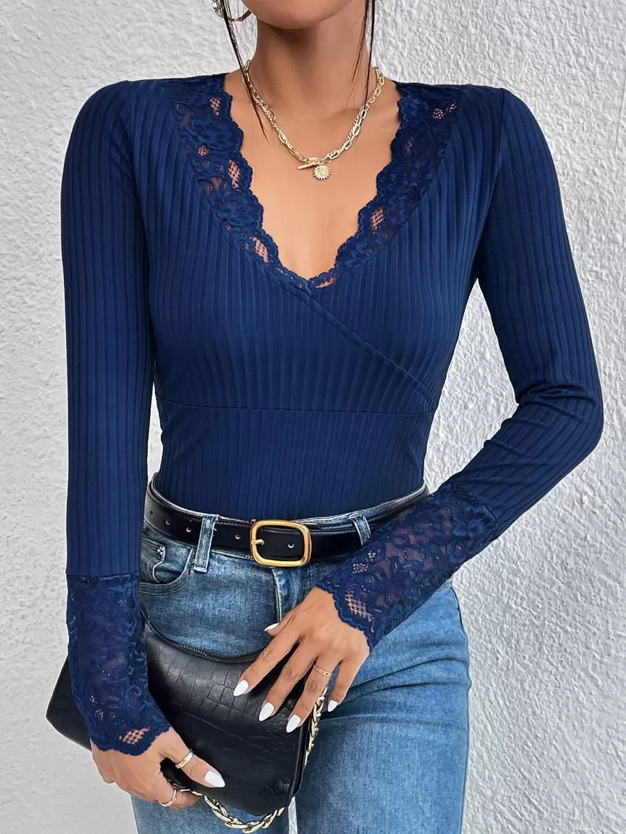 SHEIN LUNE Elegant Eenkleurig T-shirt Geplisseerde Contrast kant