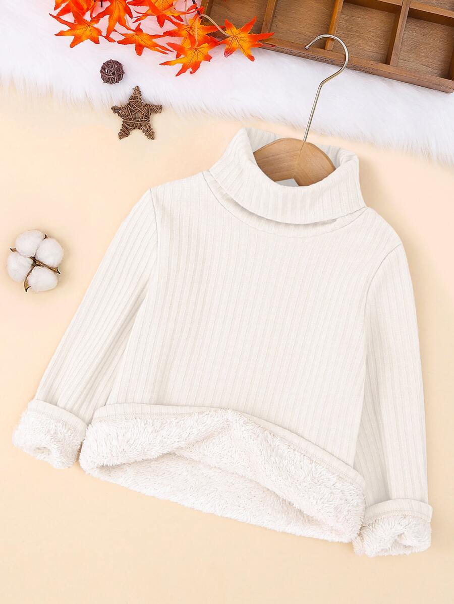SHEIN Kleine Mädchen Langärmiges Rollkragenshirt in gerippter Unifarbe mit Thermofutter, vielseitig einsetzbar, Lässig, warm und niedlich für Herbst/Winter