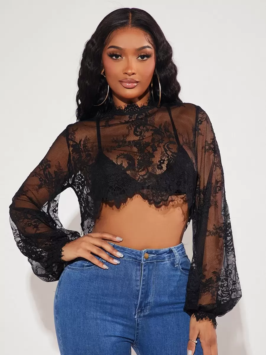 SHEIN SXY Mock Neck Lantern Sleeve Crop Lace Blouse Without Bra