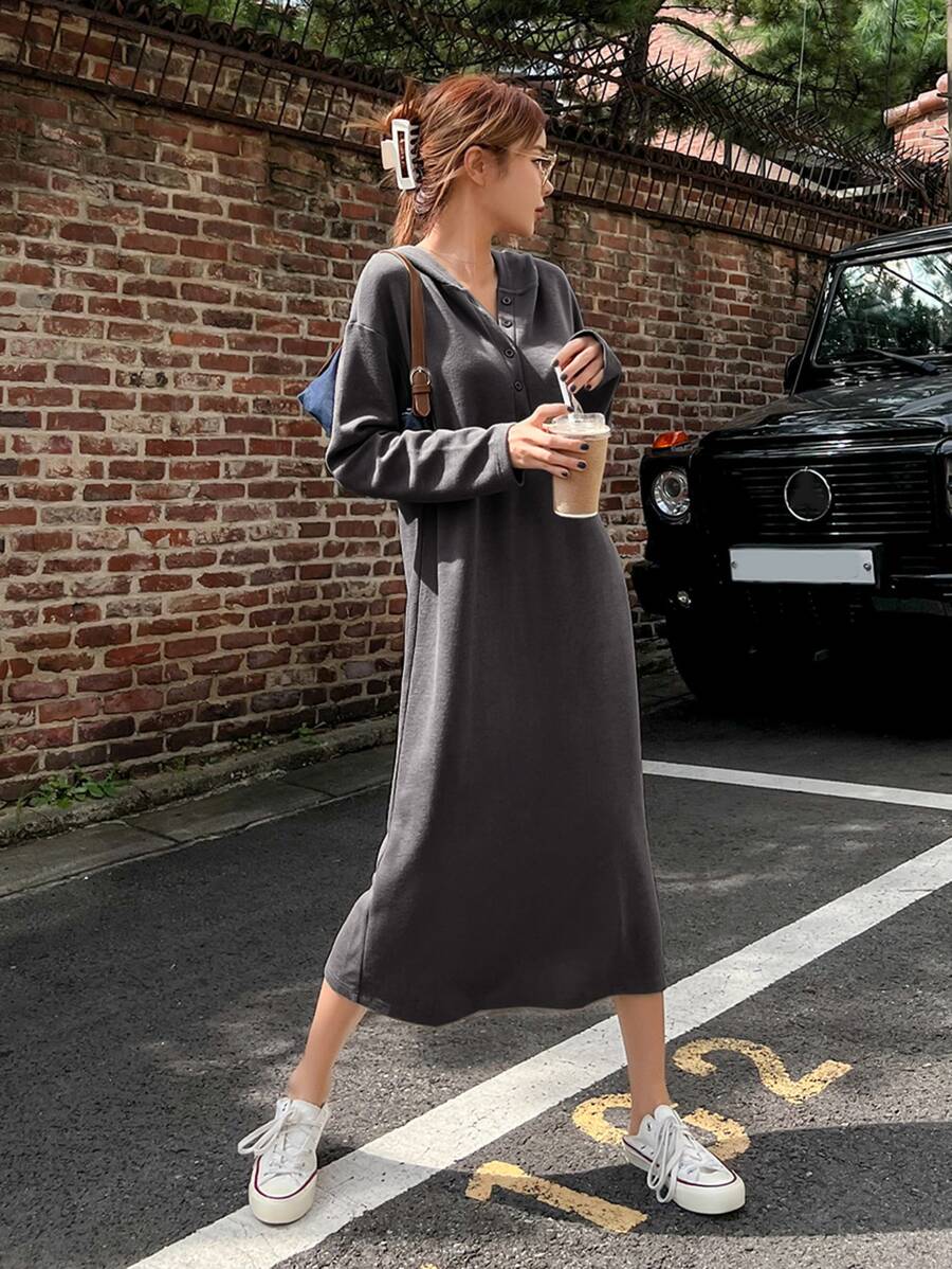 DAZY Oversized Hoodie-Kleid mit Knopfleiste, Damenkleidung für den Herbst