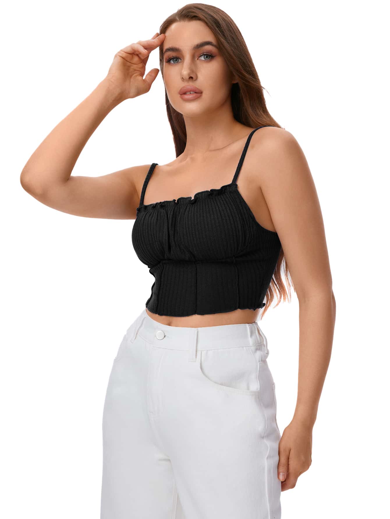 SHEIN EZwear Frill Trim Ruched Front Rib-knit Cami Top
