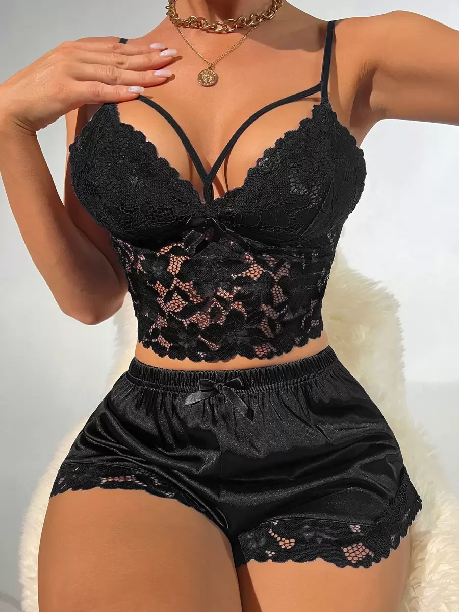 Conjunto de pijama de satén con lazo frontal de encaje floral